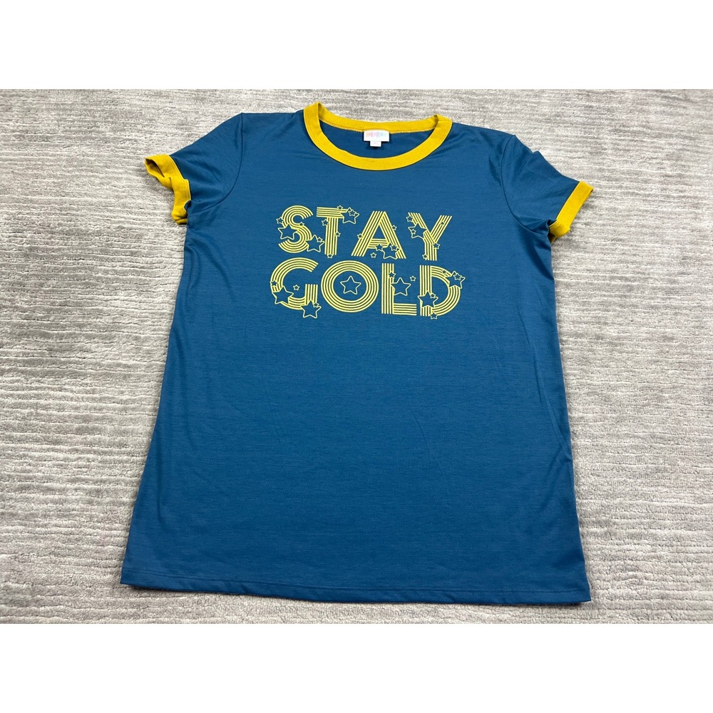 LuLaRoe Ringer Tee Womens M Blue Stay Gold Graphic Retro Short Sleeve Star Trim